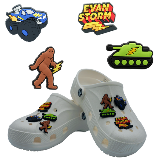 Evan Storm Shoe Charms: Bigfoot, Logo, Monster Truck, Tank (4 Pack)